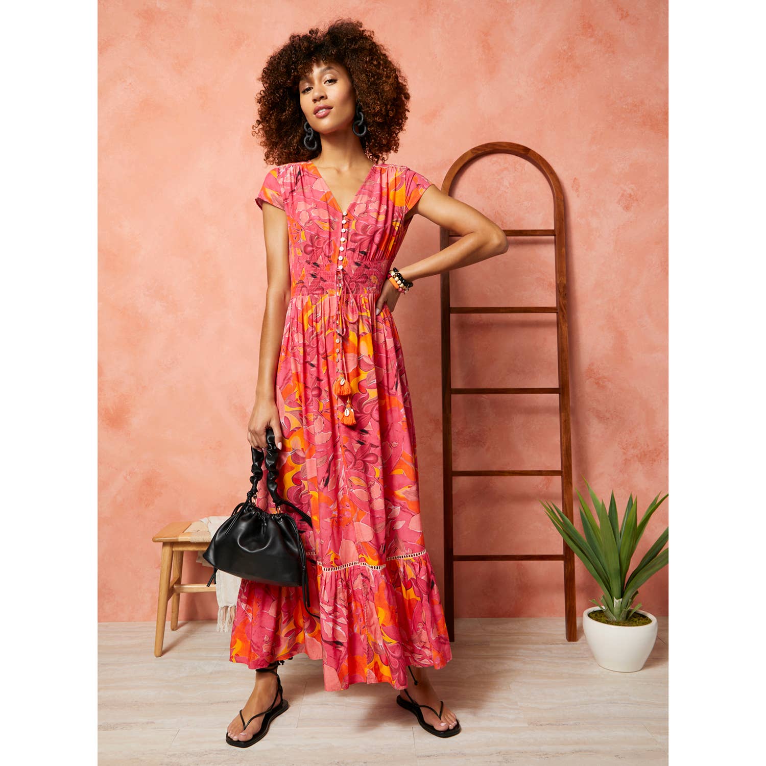 Pink Orange Aliya Button Front Maxi Dress for wholesale on Faire3