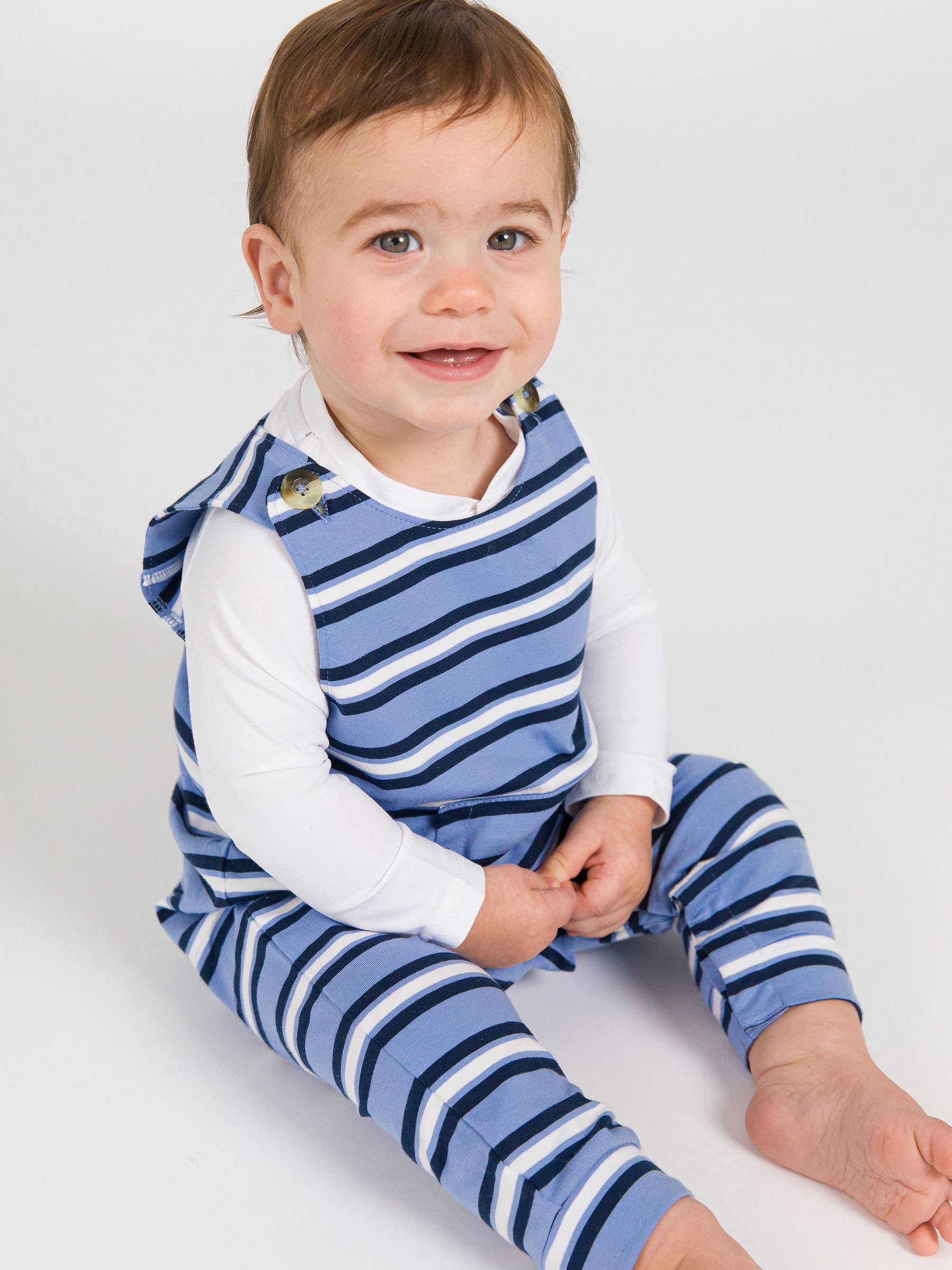 Baby Boys Periwinkle Blue Stripe Knit Longall Pocket Romper for wholesale on Faire0