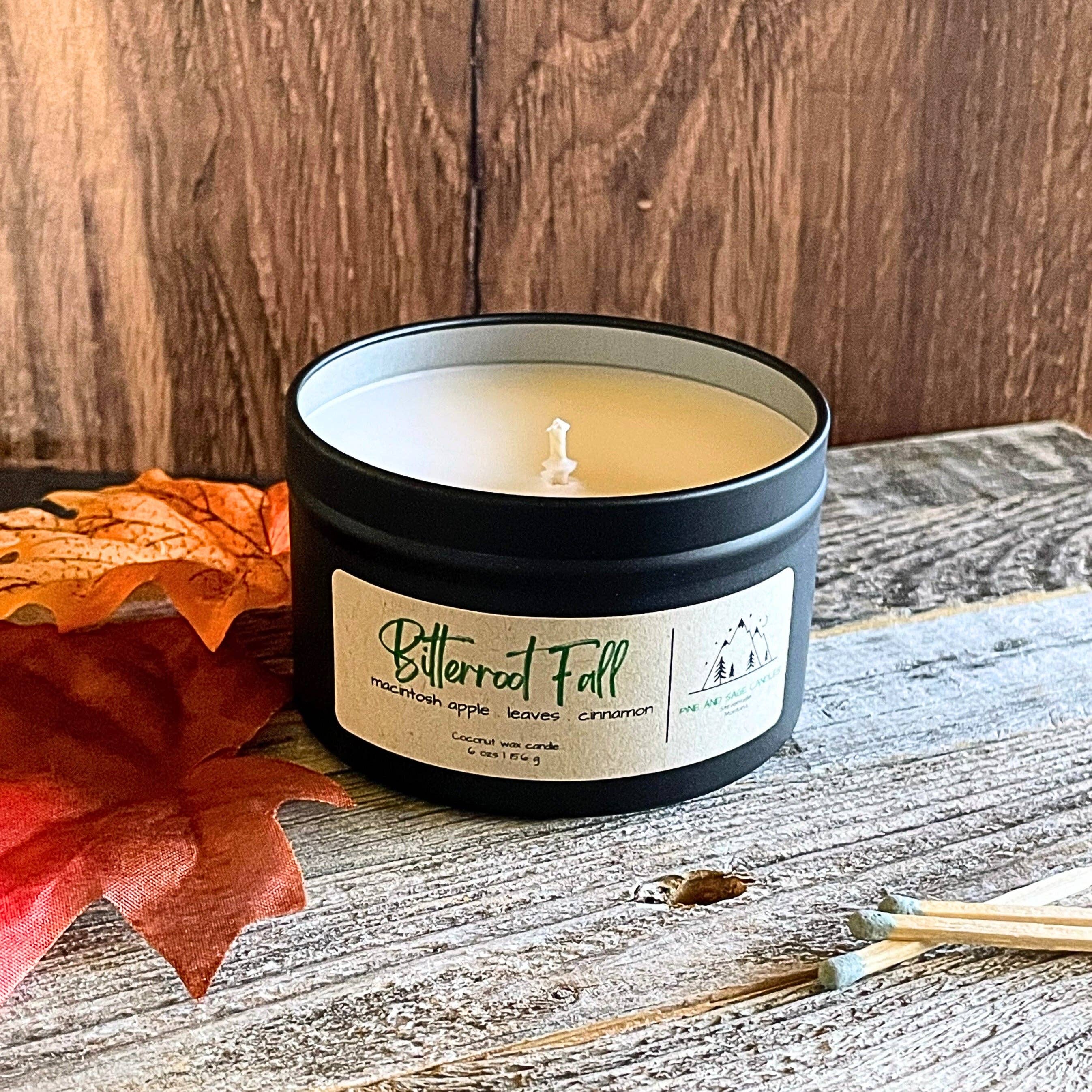 Pine and Sage Candles – wholesale Reseljus – Bitterroot Fall - 6 oz Svart Matt Ljusstake i Plåt1