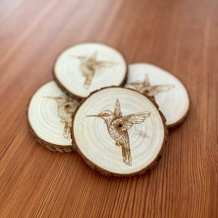 Munsell Made - Wholesale Coasters - Engraved Wood Hummingbird Coasters