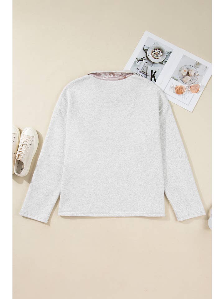 Gray Plus Size Camo Patchwork Zipped Collar Pullover Sweatshirt for wholesale on Faire6