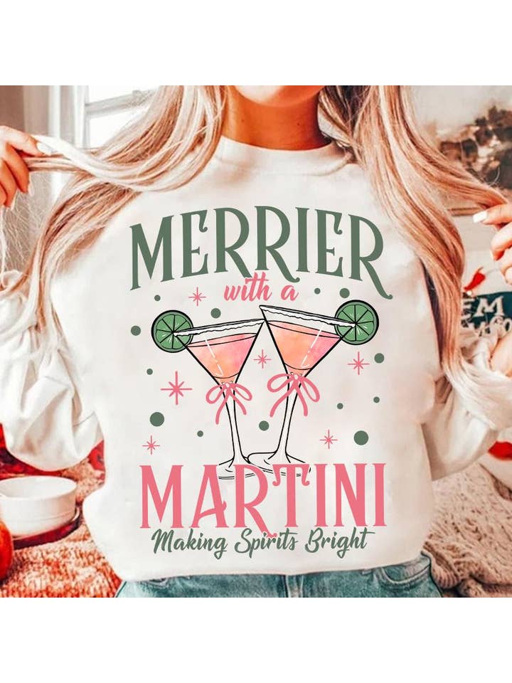 NVC Ecommerce LLC - Wholesale T-Shirt (Graphic) - Women's - Merrier With A Martini Shirt, Retro Christmas Sweatshir1