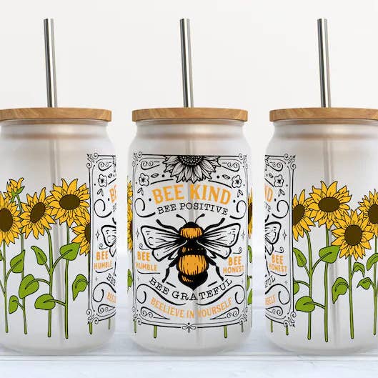 Bee Kind Bee Positive Beelieve in Yourself 16oz Libbey Glass Tumbler for wholesale by Kate Haven Glass Tumblers for Every Occasion