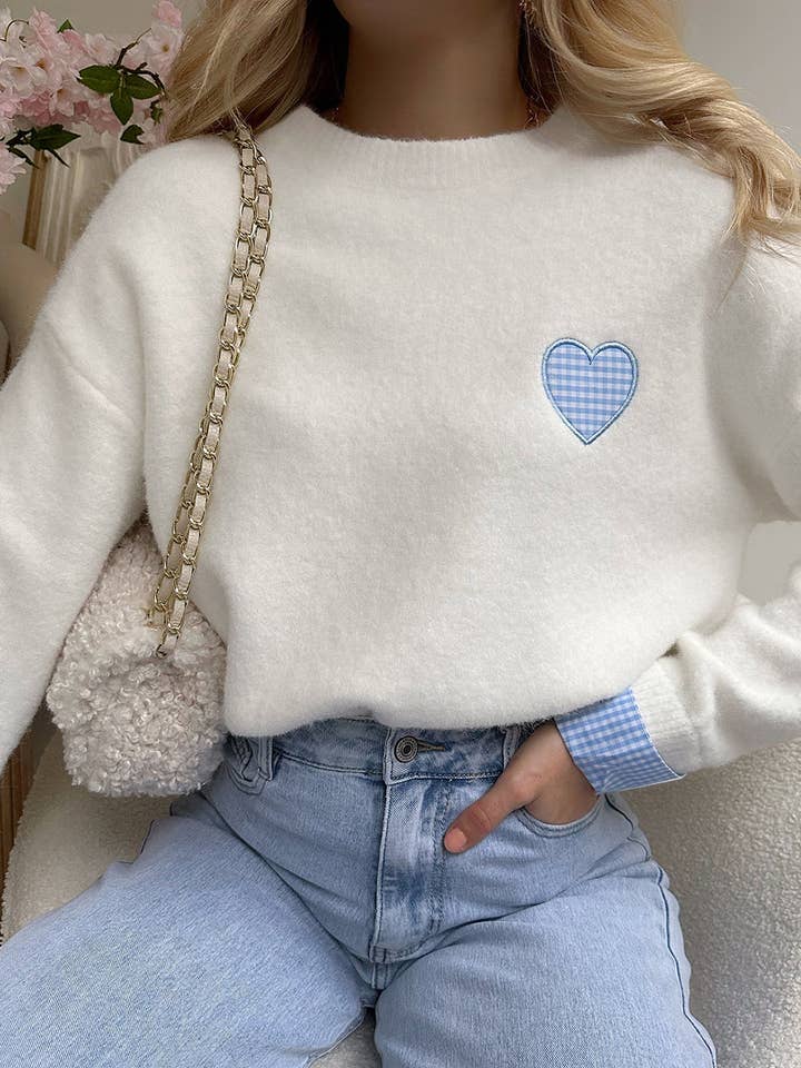 White Plaid Heart Embroidered Cuffed Drop Shoulder Crew Neck Sweater and other Purchase Wholesale heart sweater. Free Returns & Net 60 Terms on Faire trending on Faire.