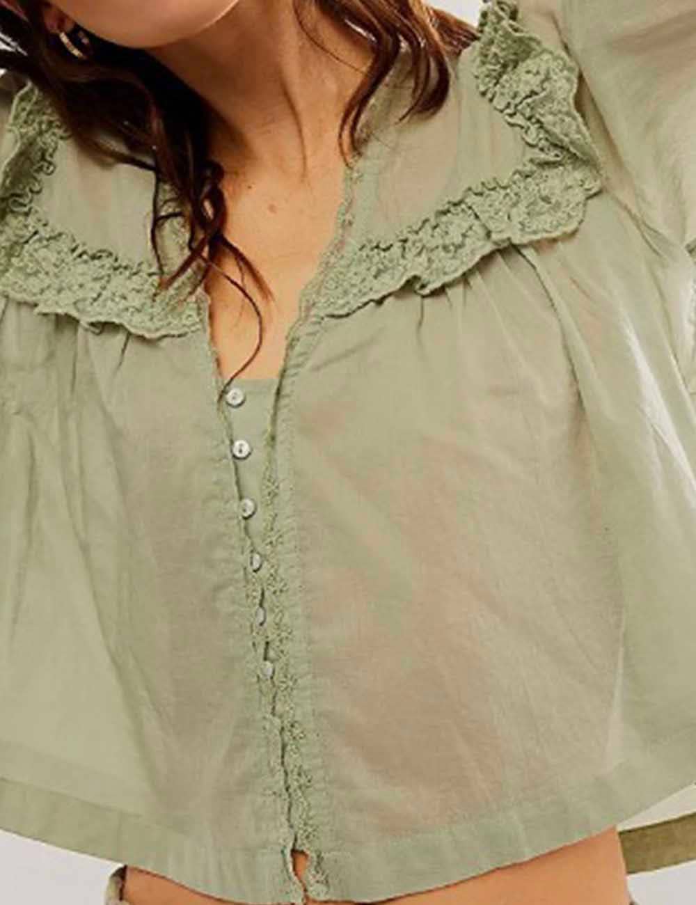 Sweetkama - Vente Chemisier – femme - Blouse en dentelle à manches courtes avec col Claudine pour femme1