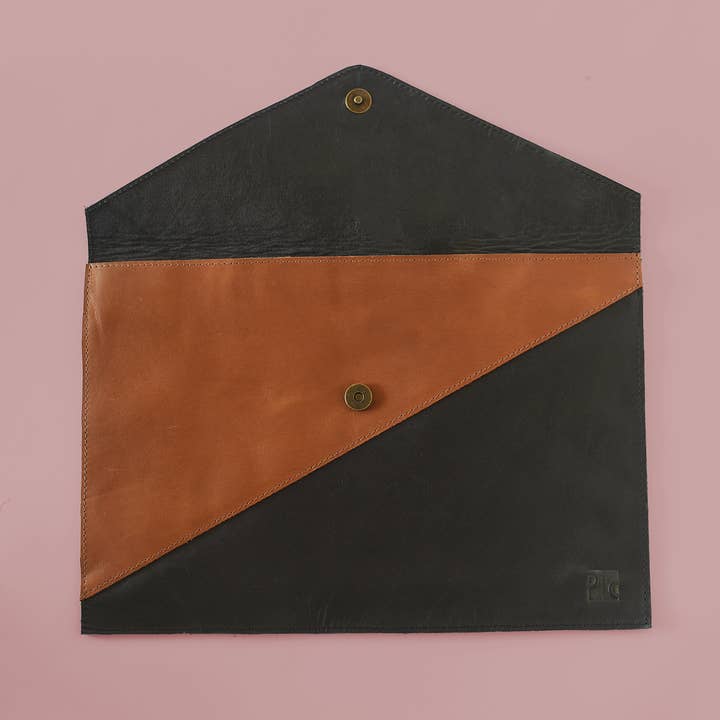 Purse & Clutch - Wholesale Laptop/Tablet Case - Women's - Color Blocked Cognac & Black Leather Envelope Laptop Sleeve1