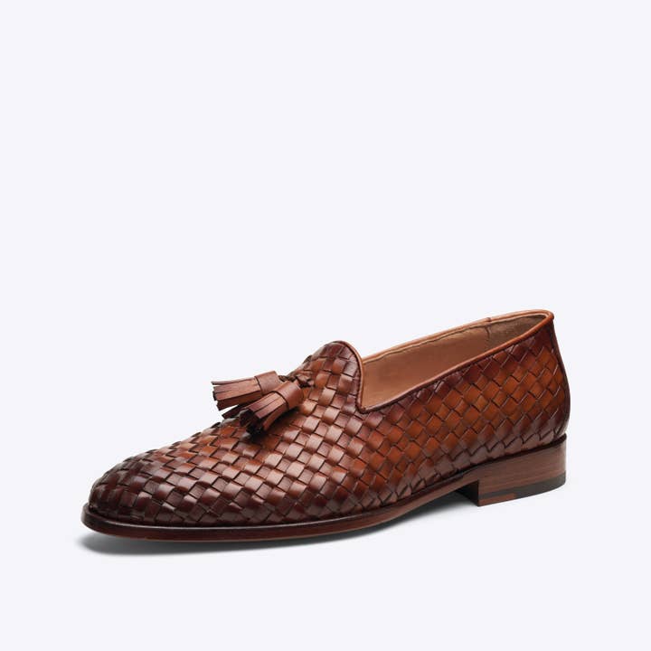 40654/00 - Mocassim masculino em couro trançado com tassel cor conhaque por atacado de Centenário