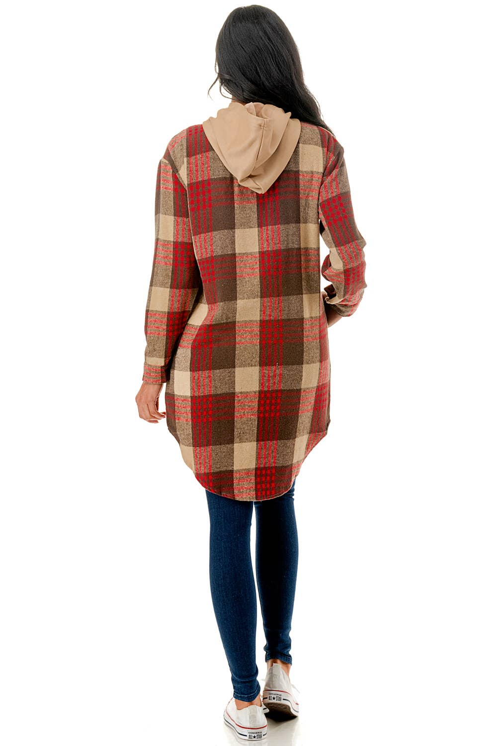 Color 5 - Wholesale Shirt Jacket/Shacket - Women's - Red beige plaid flannel long shacket with hoodie and pockets13