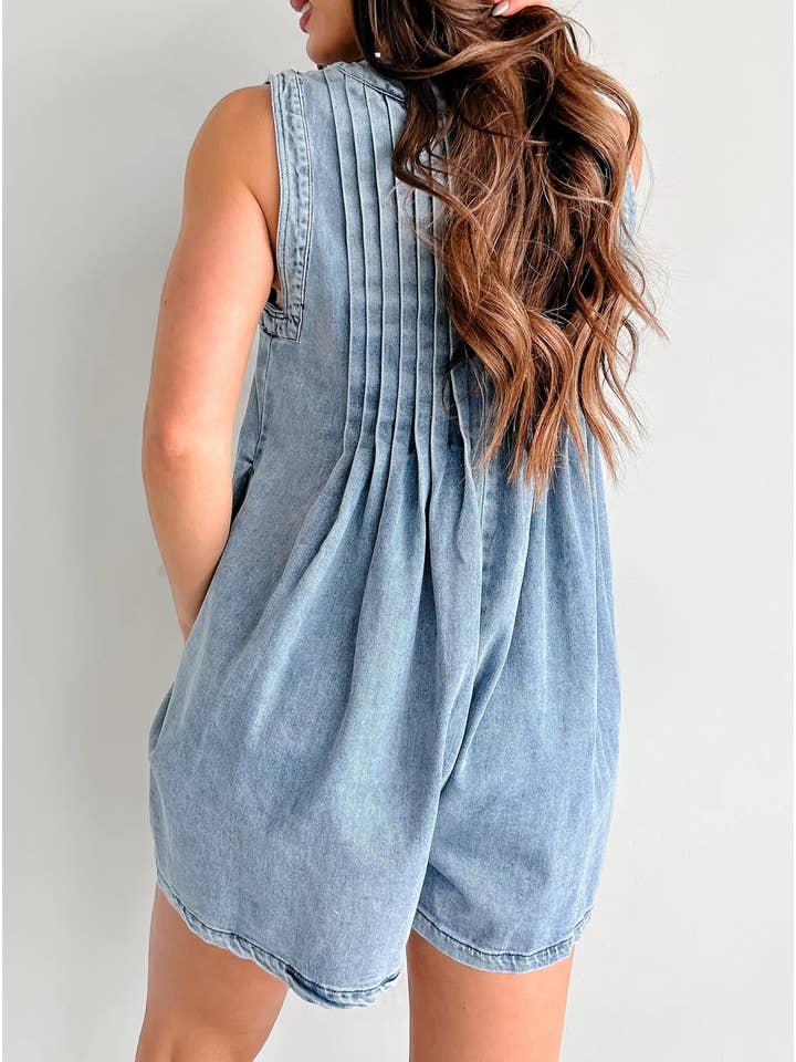 Rosa Clothing - Wholesale Romper - Women's - V-Neck Lace-Up Sleeveless Denim Shorts Jumpsuit