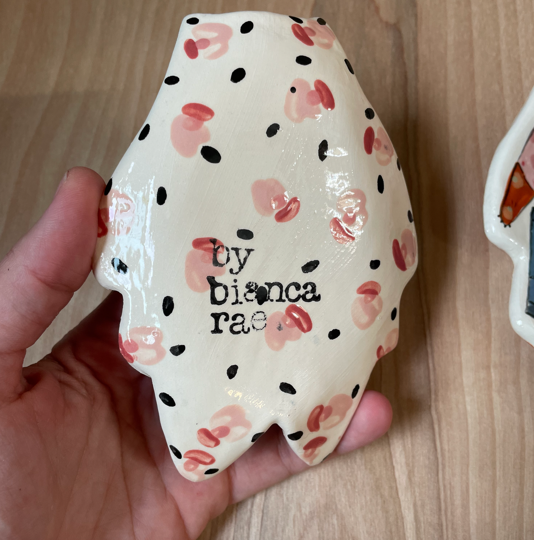 By Bianca Rae - Wholesale Decorative Plate/Dish/Bowl - Barb The Pink Cat In Black and White polkadot Moomoo Dress3