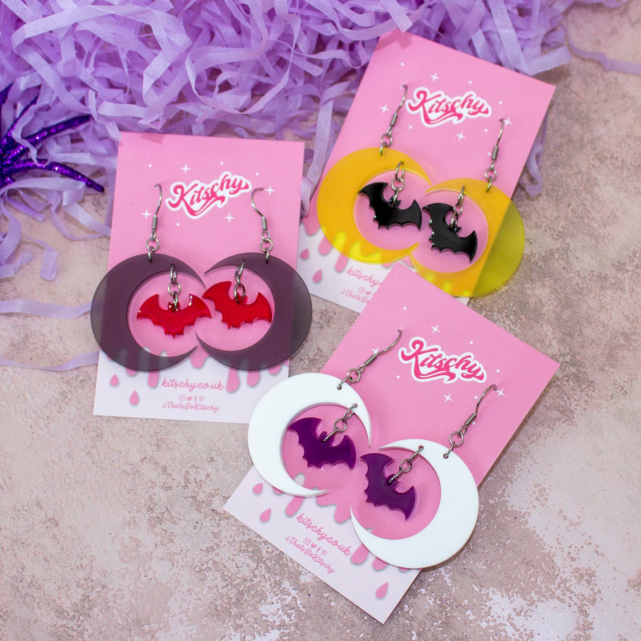 Kitschy - Wholesale Dangle Earrings - Obsidian Moon Bat Earrings Laser Cut Acrylic5