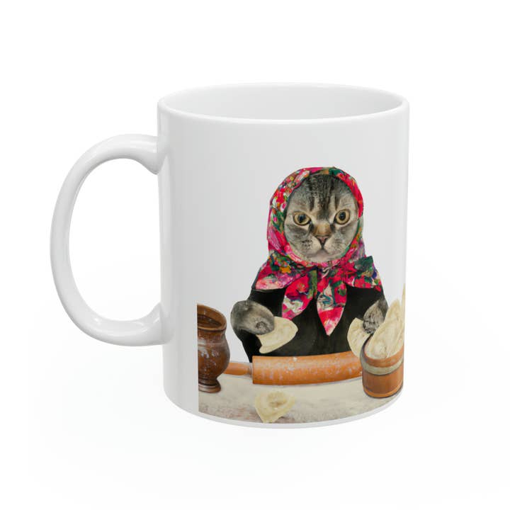 Babushka Cat - Wholesale Coffee Mug - Pierogi Making Babushka Cat Mug