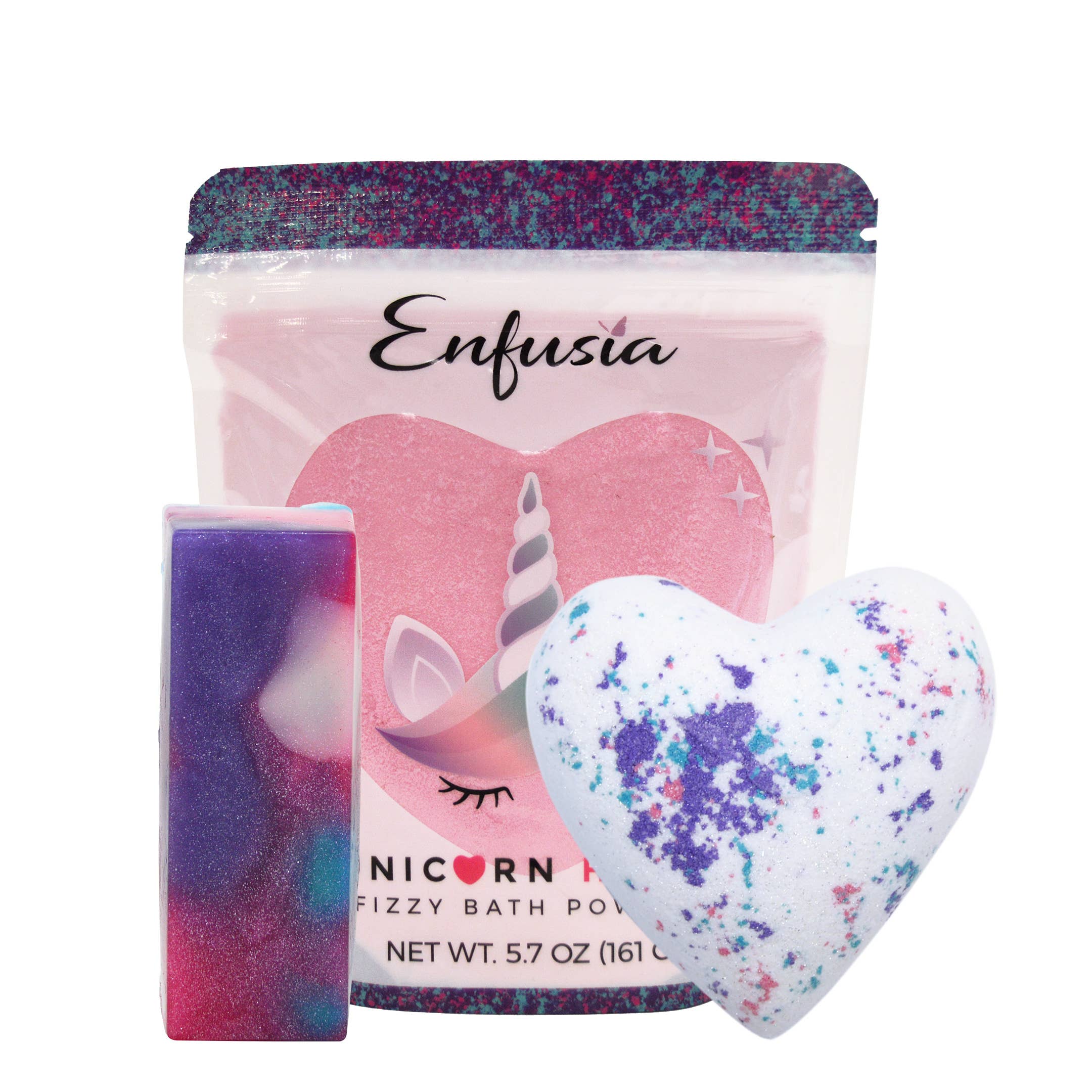 Enfusia - Wholesale Bath & Body Set - Unicorn Heart Gift Set- Bath Bomb, Fizzy Powder and Soap1