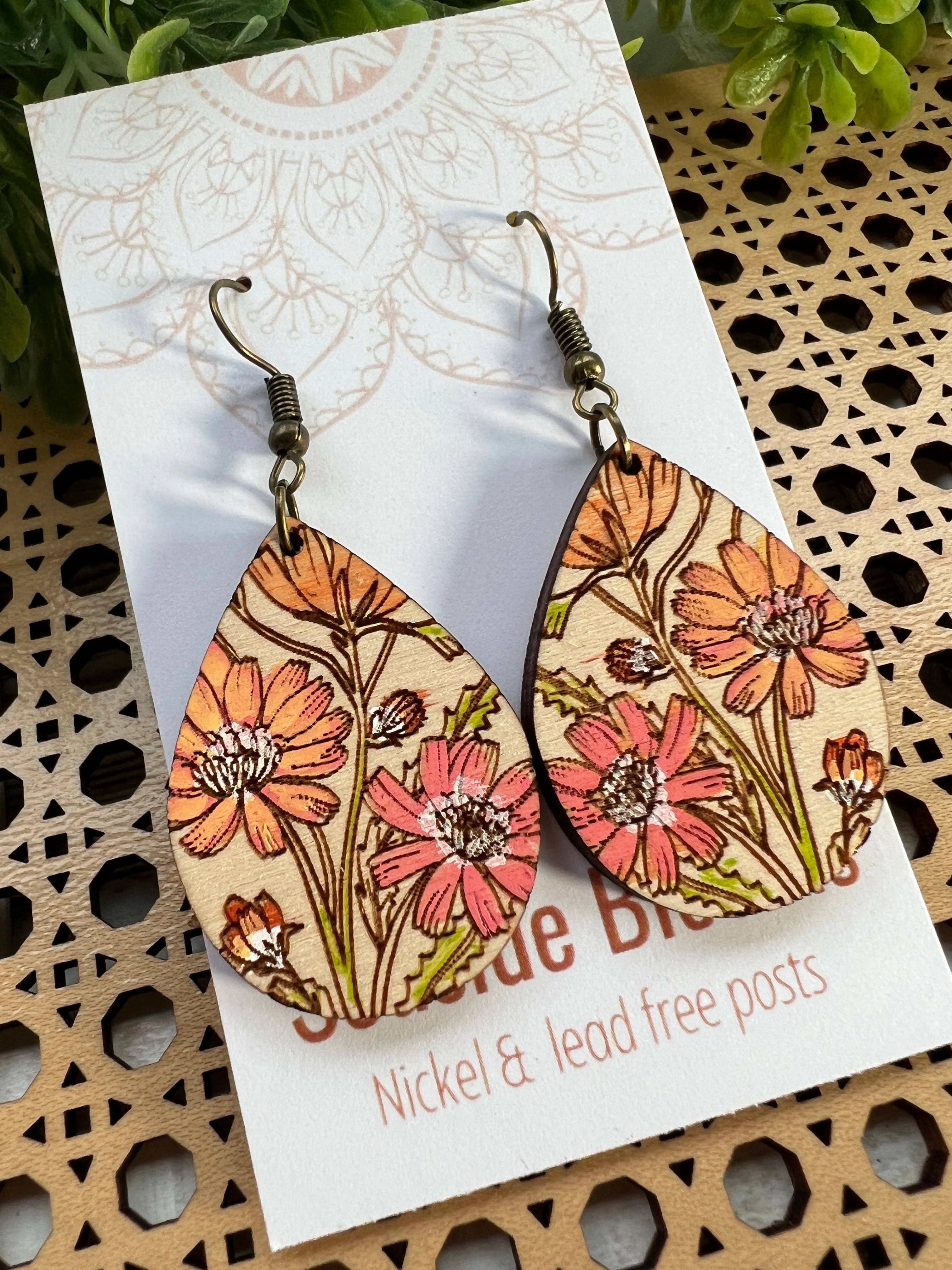 Seasideblooms - Wholesale Dangle Earrings - Boho daisy hand painted lightweight wood earrings 2