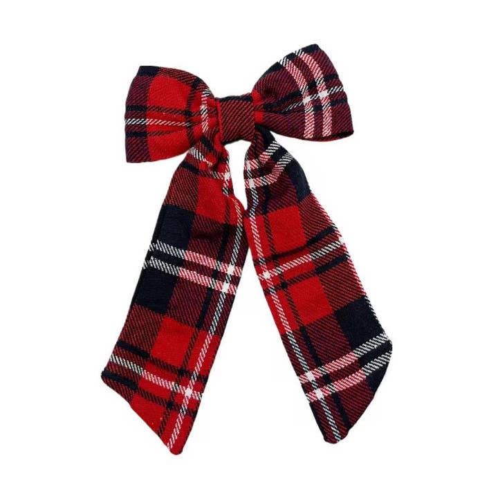 Christmas Eve Plaid LONG TAIL Hair Bow w/ Clip for wholesale by Pretty in Pink Bows