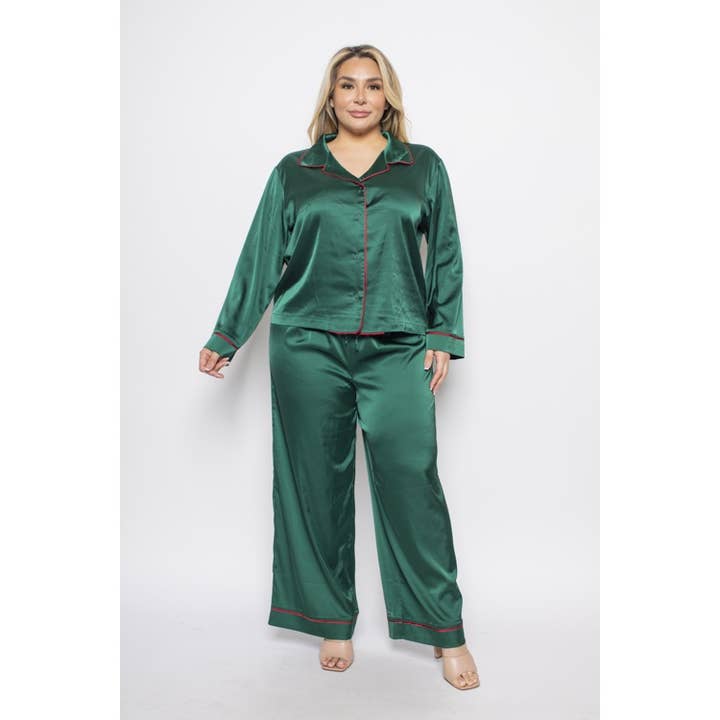 Curve Market - Wholesale Sleepwear Set - Women's - PLUS SIZE SATIN CONTRAST BINDING COLLARED BUTTON DOWN SHIRT