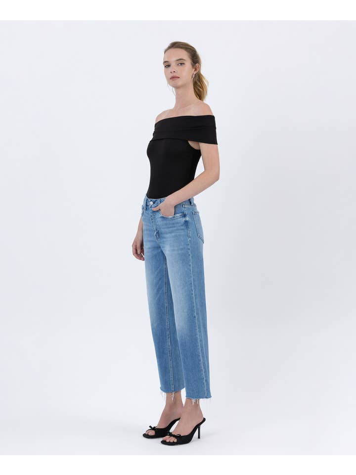 WELL BALANCED HIGH RISE RAW HEM CROP SLIM WIDE JEANS F6086 for wholesale on Faire8