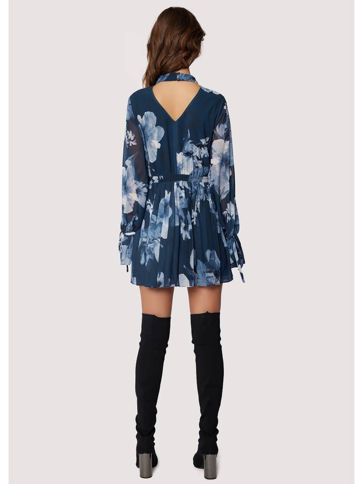 Josephine Mini Dress - Fall Blue/Grey Floral Pleat Long Slv for wholesale on Faire