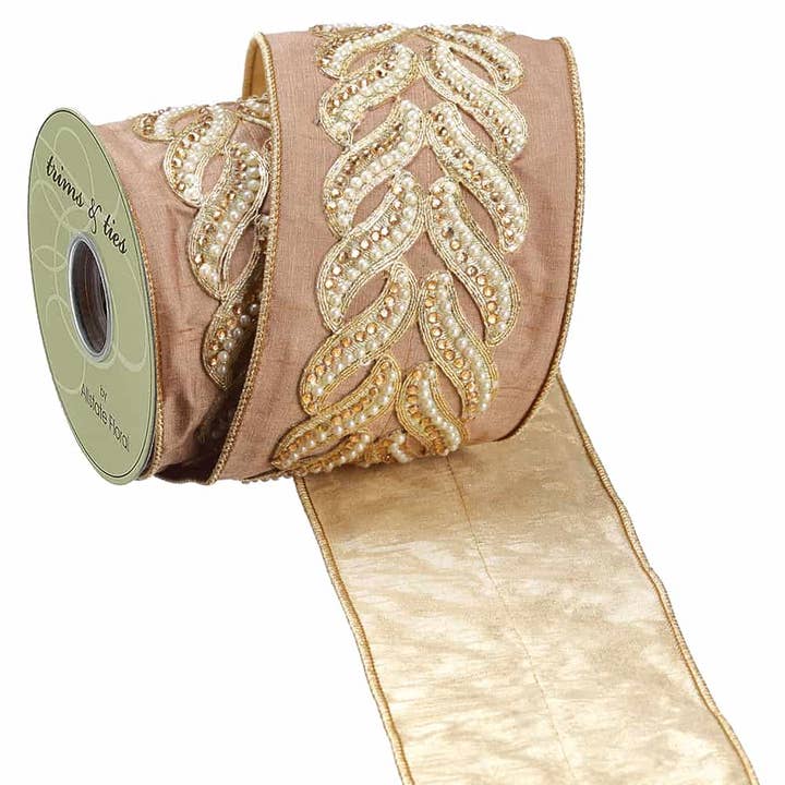 4"W x 5yd Jeweled Trim Ribbon Taupe Gold for wholesale by Silk Flower Depot