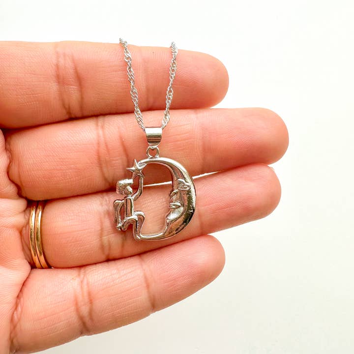 TRIPPY VELVET - Wholesale Pendant/Charm Necklace - Angel On The Moon In Silver1
