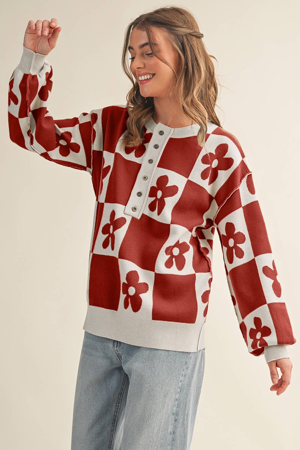 Aapparella - Vente Pull en maille – femme - Cardigan à boutons avec blocs de couleur à carreaux et fleurs | S-XL3