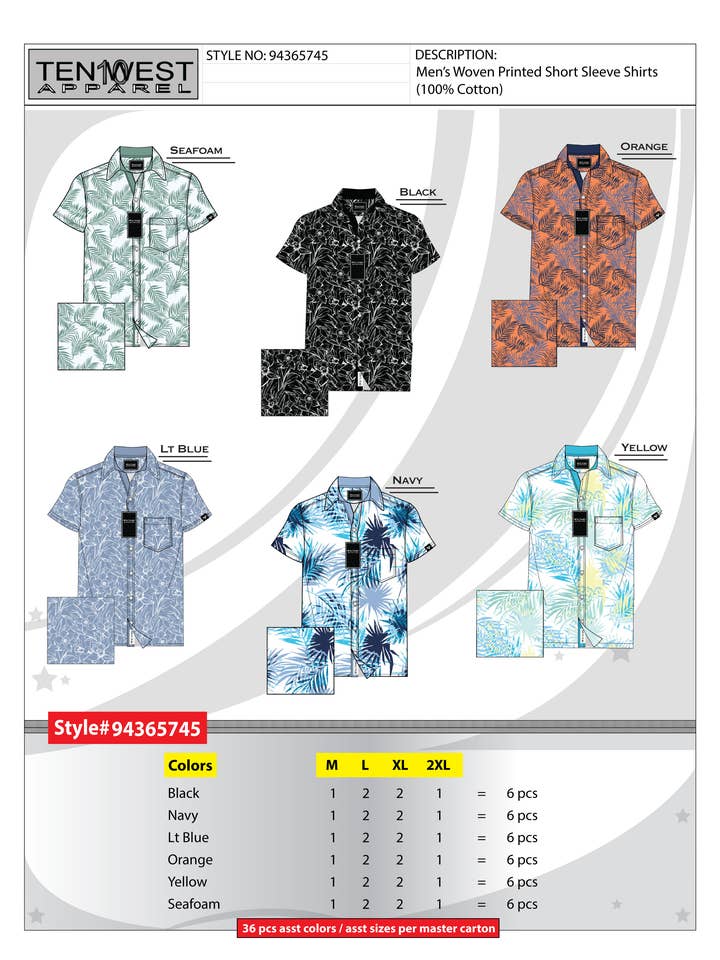 Camisa de manga curta estampada em tecido para homem - 94365745 por atacado de Ten West Apparel