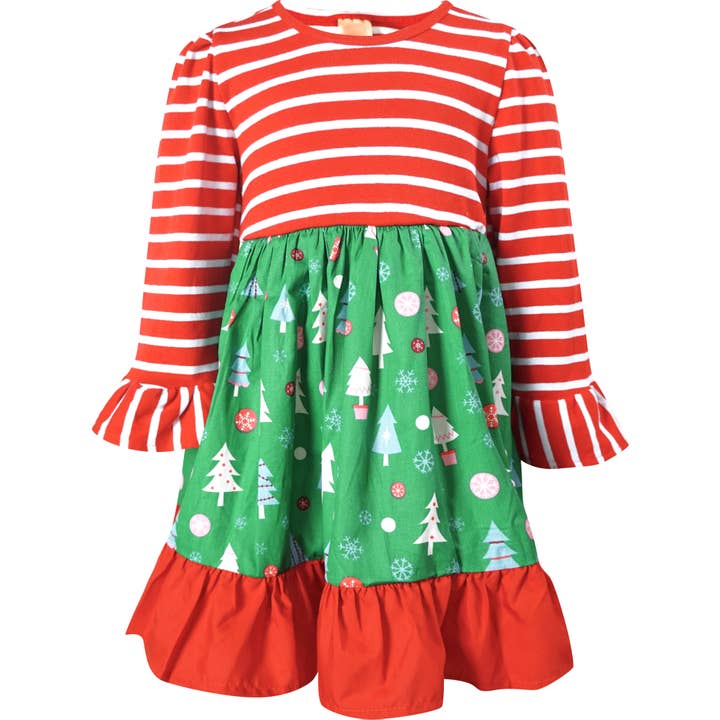 Baby Girls Christmas Tree Red Stripes Dress 100% Cotton for wholesale by Angeline Kids