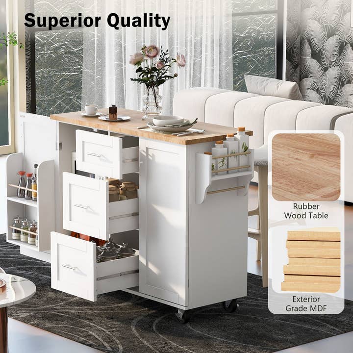 Orange County Decor - Wholesale Kitchen Storage/Organizer - K&K Rolling Kitchen Island With Storage, Kitchen Cart With Rubber Wood Top, 3 Drawer, 2 Slide Out Shelf And Internal Storage Rack, Kitchen Island On Wheels With Spice Rack & Tower Rack, White White5