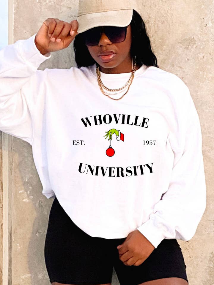 Whoville University Sweatshirt – Grinch-Inspired Holiday Mus for wholesale by Luxe Noire