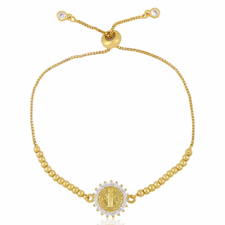 Guadalupe Gifts - Wholesale Charm/dangle bracelet - Gold-Plated St Benedict Adjustable Beaded Bracelet w/ White Zirconia 7.5-inch0