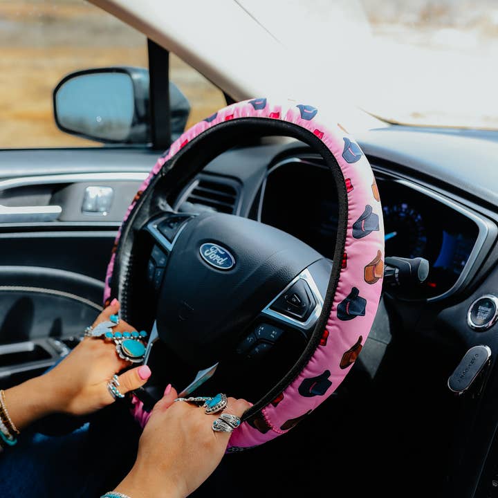 The Front Porch Label - Wholesale Car Decorative Charm - Unisex - Pink Cowboy Hat Steering Wheel Cover