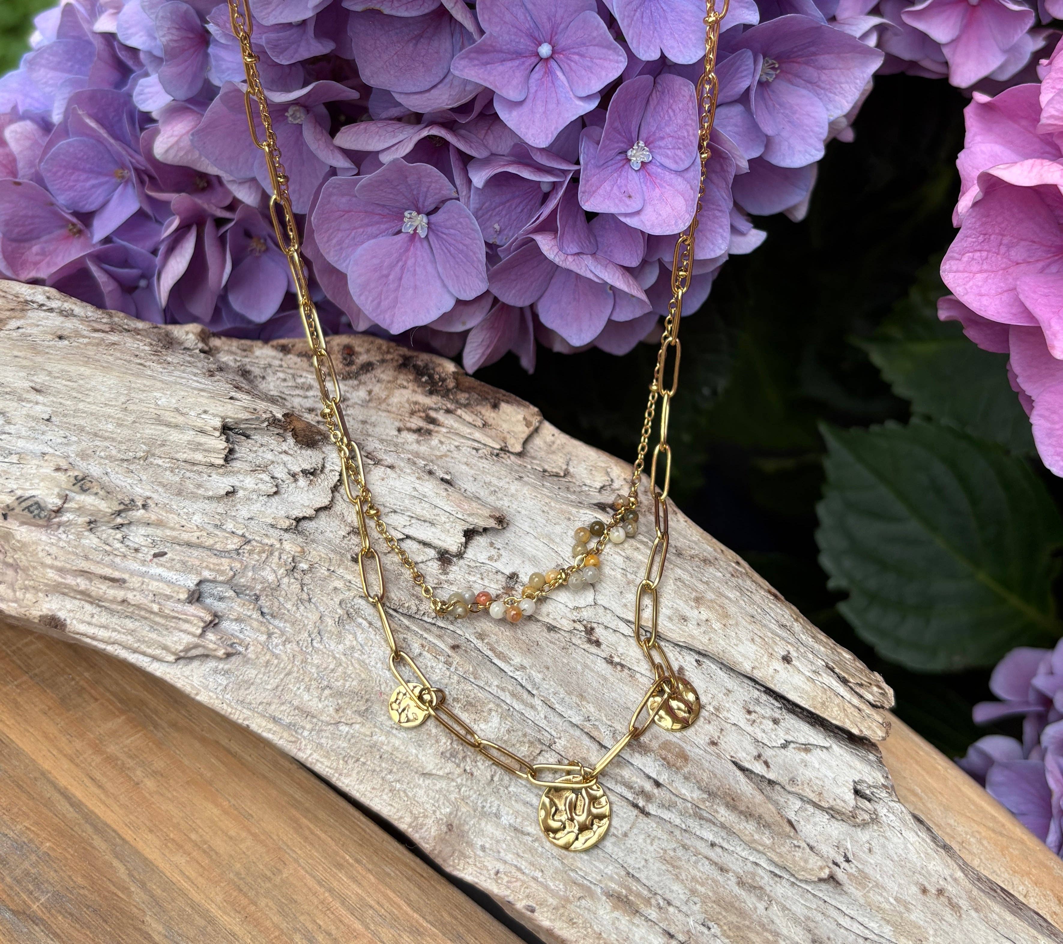 Ocean Ripples – Colar pingente/pendente por atacado – Colar de Corrente Dupla com Contas de Turmalina Banhado a Ouro 18ct