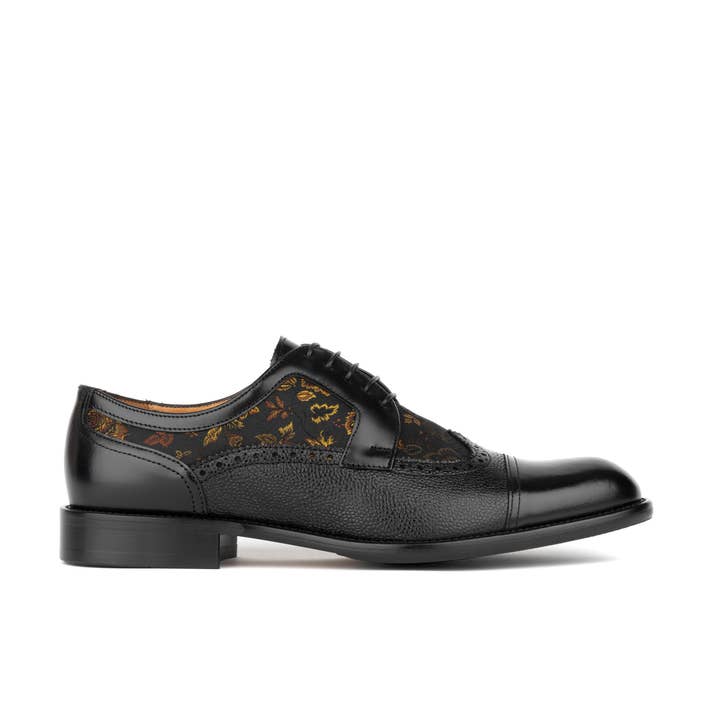Embassy London – wholesale Oxford shoes – Men′s – Orlando - Black & Yellow Flowers - Men's toe cap dressy black shoe with flower print leather