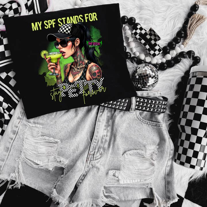 *EXCLUSIVE*My SPF stands for Stay Petty Forever - Black Mineral Wash TShirt, Black Rocker Tank, Sweatshirt, Hoodie, or Zip Up Hoodie for wholesale by Two Sisters Who Design