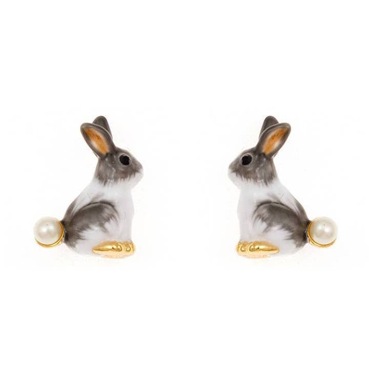Enamel Rabbit Earrings with Natural Pearls for wholesale by Exsito