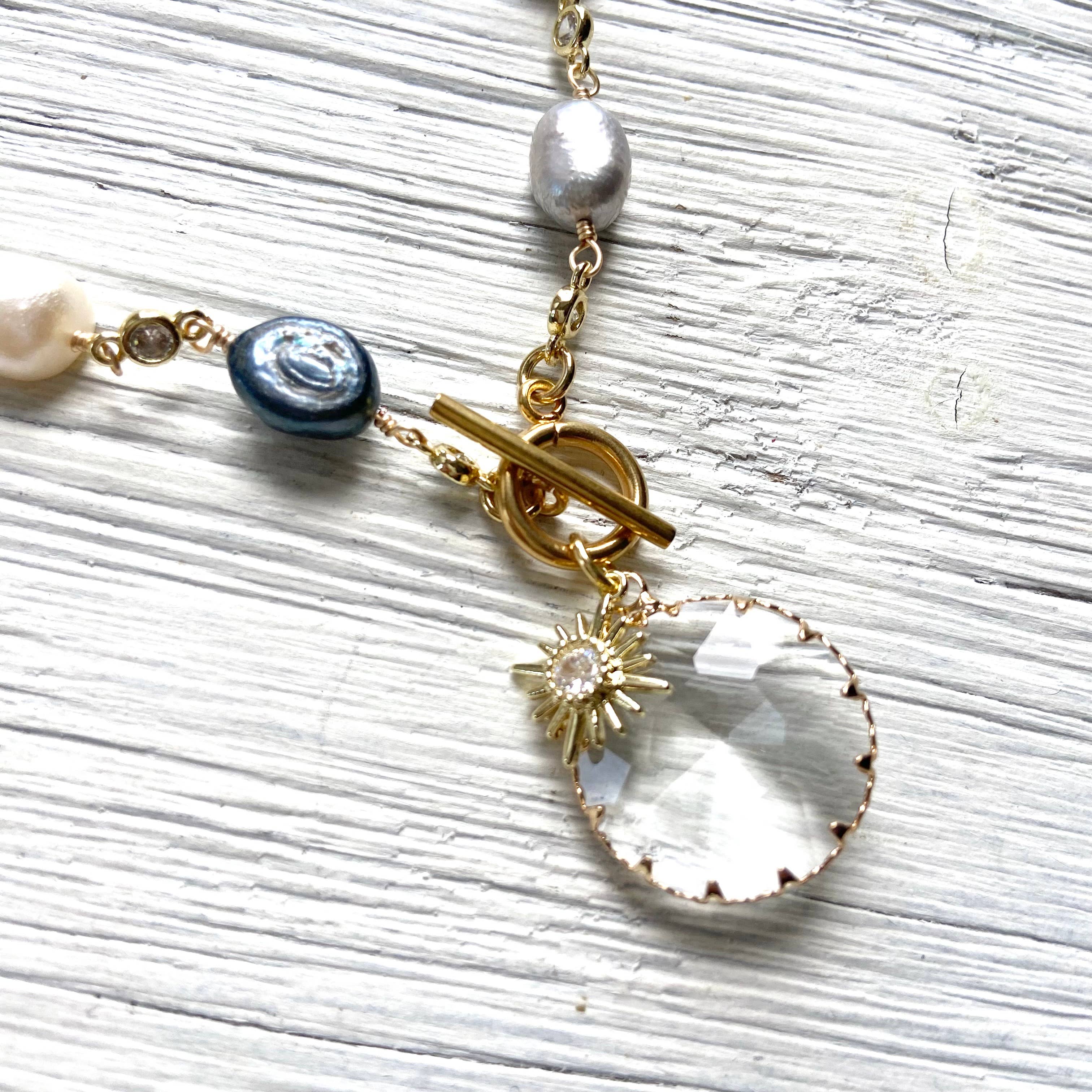 VB&CO Designs Handmade Jewelry - Wholesale Pendant/Charm Necklace - Sunburst charm crystal  necklace-multi denim mix,color pearl1