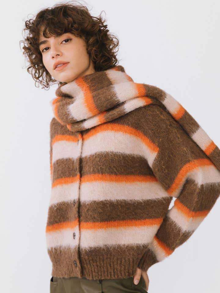 CUBIC - Wholesale Cardigan - Women's - Striped Color Block Wool Knit Cardigan With Scarf13