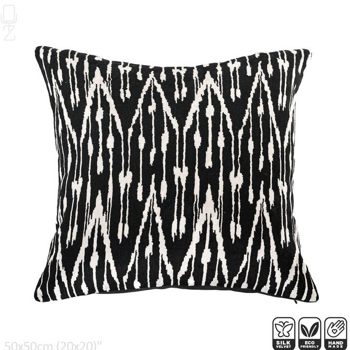 Black Silk Ikat Velvet Pillow Cover with Traditional Pattern for wholesale by OyzShop