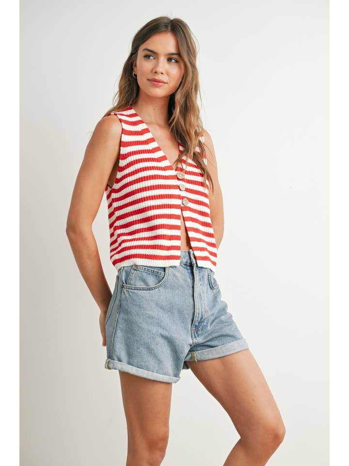 BUTTERMELON - Wholesale Sweater Vest - Women's - Striped Button-Front Sweater Vest - BMW773337