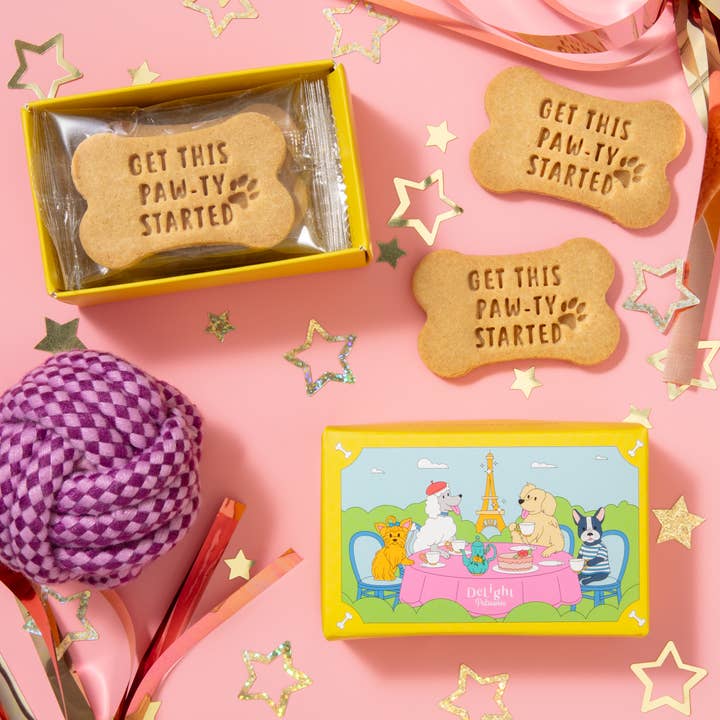 BOÎTE DE BISCUITS POUR CHIENS LET’S PAWTY pour la vente par DeLight Patisserie