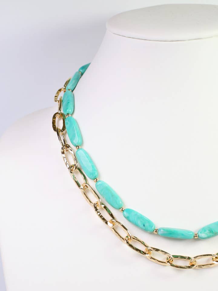 Fargo Link and Bead Layered Necklace Turquoise for wholesale by Caroline Hill