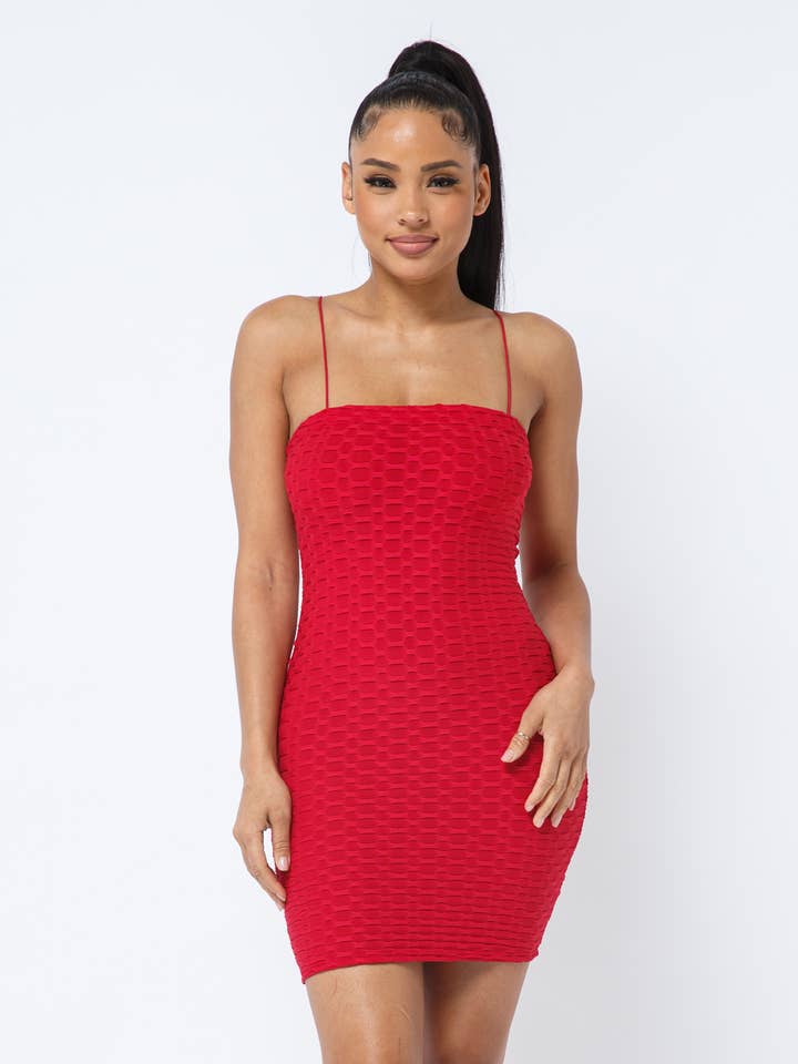 Julia by LoveJ - Wholesale Dress - Women's - Honeycomb Jacquard Spaghetti Strap Basic Bodycon Dress
