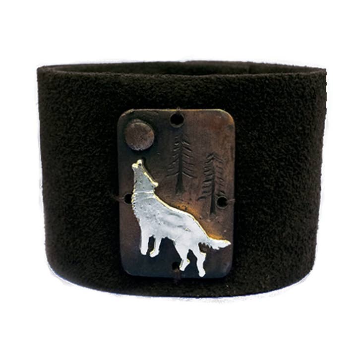 Leather Snap Bracelet - Wolf Howling at Moon for wholesale by Anju Jewelry