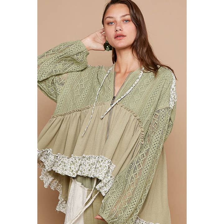Pol Clothing - Wholesale Blouse - Women's - Crochet lace contrast ruffle front zipper top