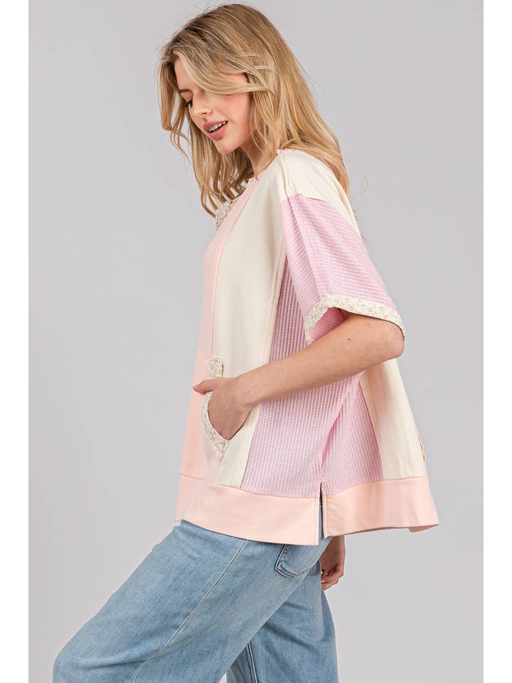 Sage + Fig - Wholesale T-Shirt - Women's - COLORBLOCK HALF BUTTON KNIT TOP (ST7641)
