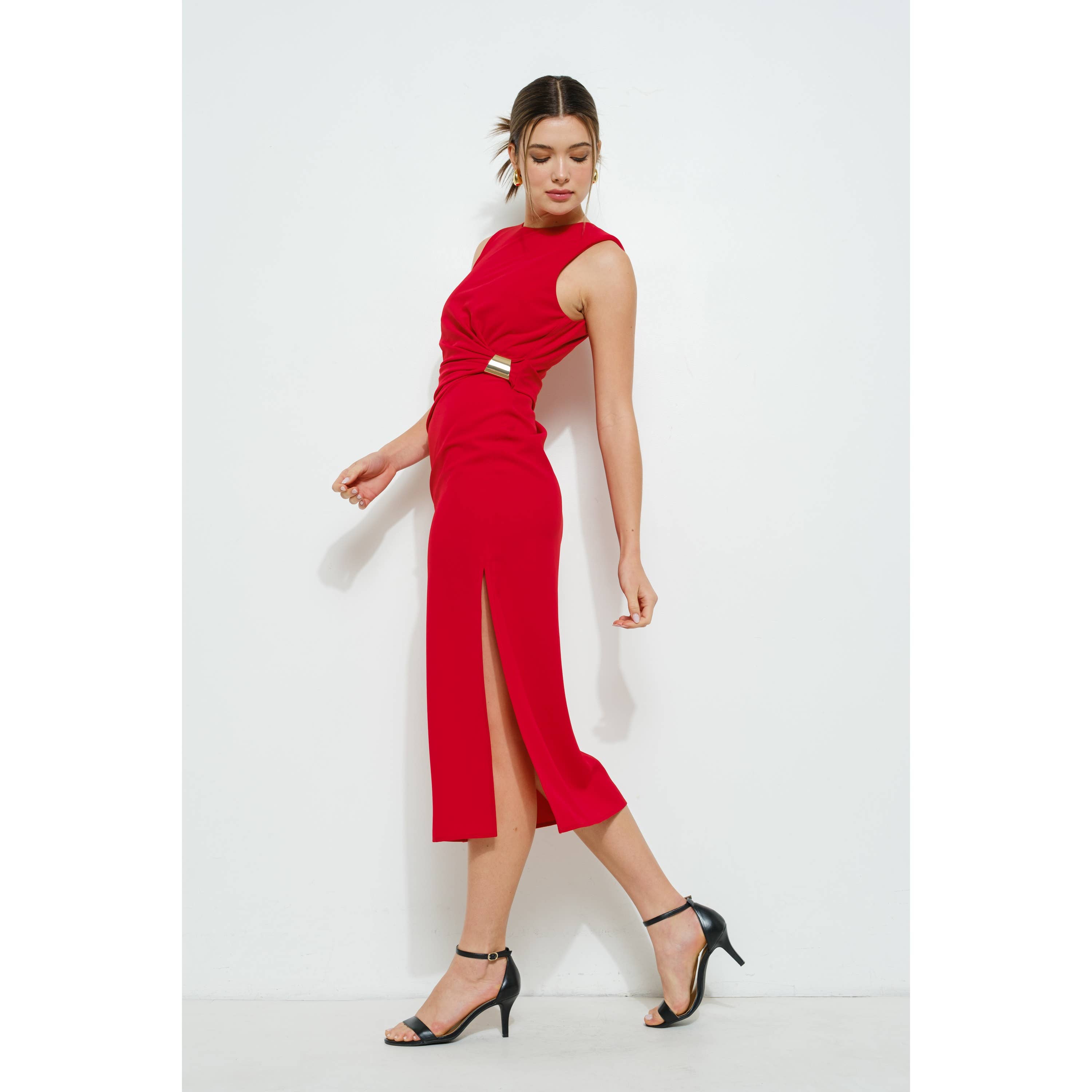 INA - Vendita all'ingrosso Vestito - Donna - Abito midi senza maniche con drappeggio e accenti dorati20