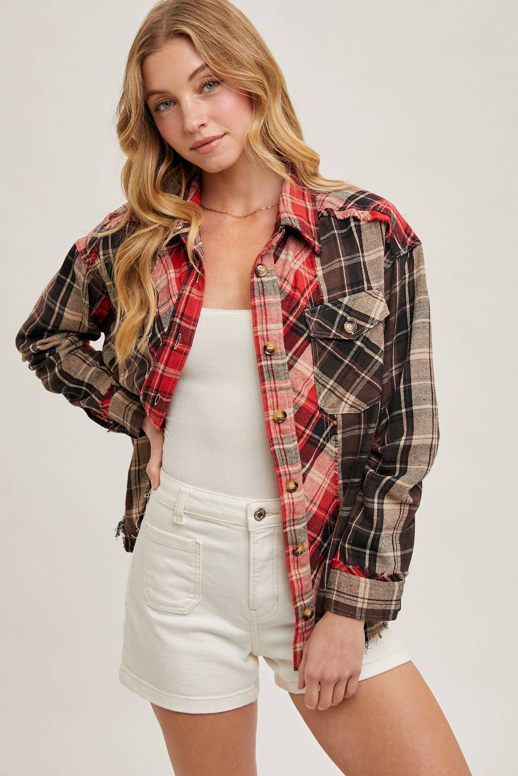 Bluivy - Wholesale Button Down Shirt - Women's - DISTRESSED HEM BUTTON DOWN PLAID SHIRT - 4TH OF JULY10