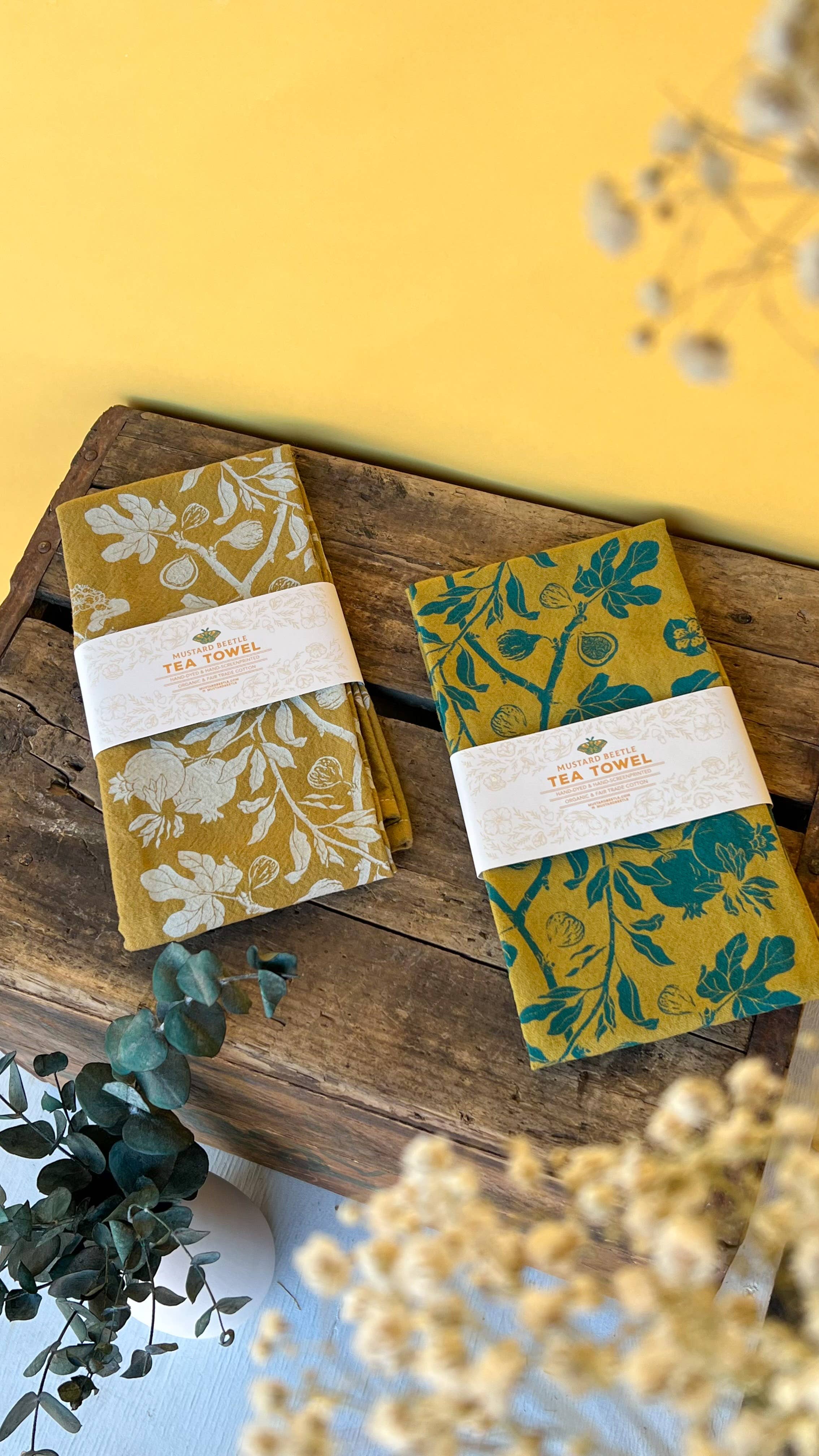 Mustard Beetle - Wholesale Tea Towel - Hand Dyed + Screenprinted Organic Cotton Tea Towel: Figs3