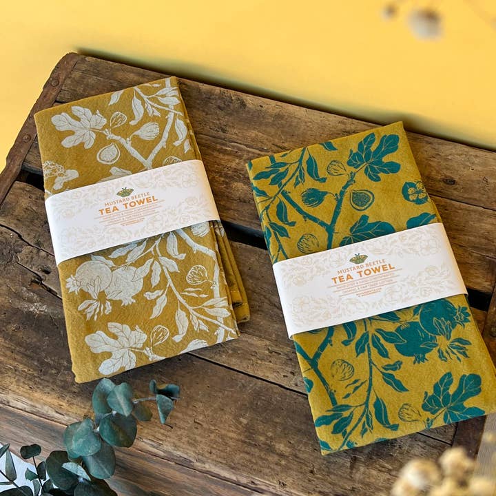 Mustard Beetle - Wholesale Tea Towel - Hand Dyed + Screenprinted Organic Cotton Tea Towel: Figs3