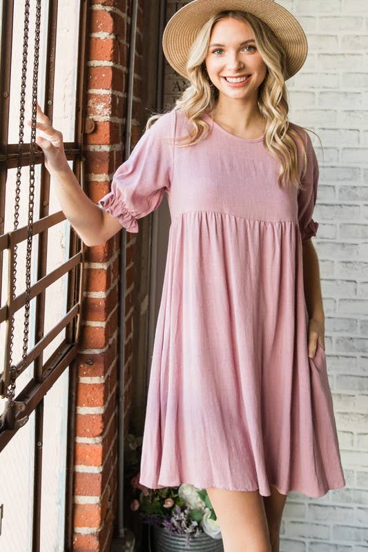 Lemon Tree - Wholesale Dress - Women's - Solid Linen Puff Sleeve Dress4